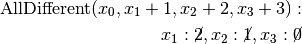 \textrm{AllDifferent}(x_0, x_1 +1, x_2+2, x_3+3):\\
x_1: \cancel{2}, x_2: \cancel{1}, x_3: \cancel{0}